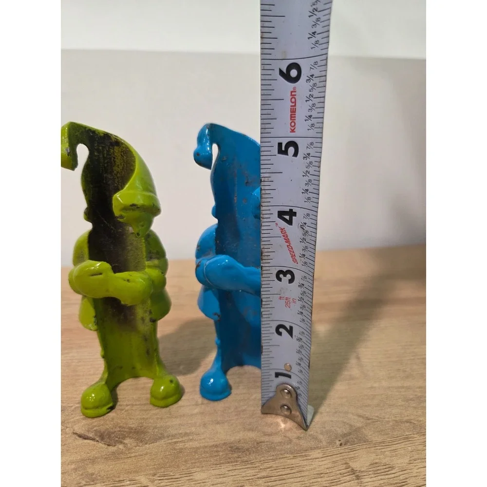 Pair of CB2 Cast Iron Holiday Elf Gnome Taper Candle Holders Blue Green 5.25''